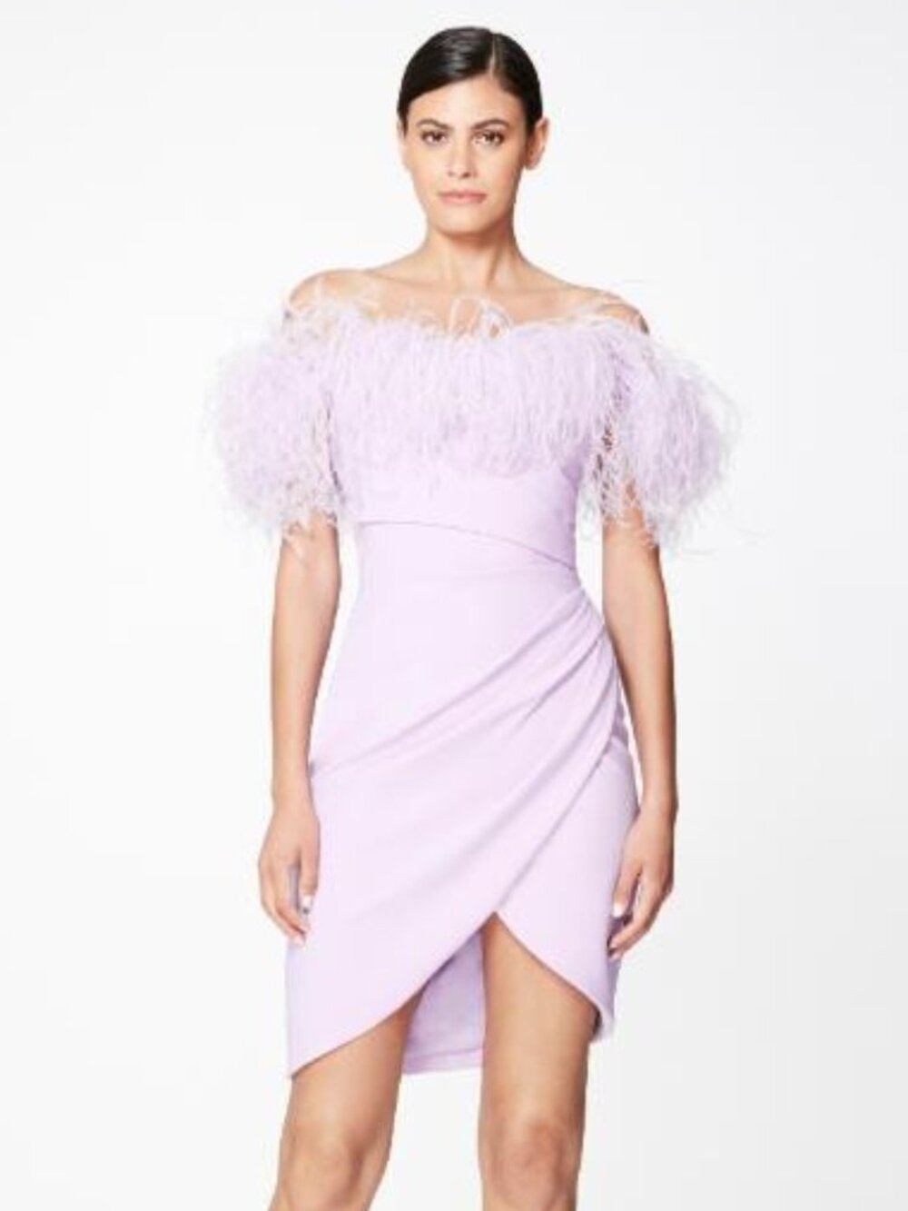 Pamella Roland Ostrich Feather Off The Shoulder Crepe Cocktail Dress in Lilac